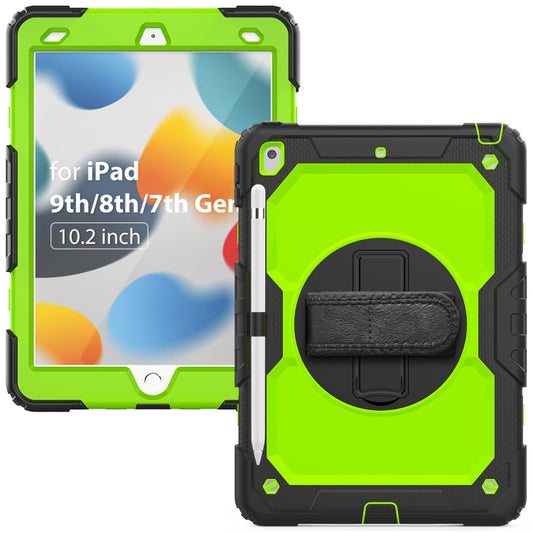 For iPad 10.2 2021 / 2020 / 2019 Shockproof Silicone + PC Protective Case with Holder & Shoulder Strap & Pen Slot(Black + Yellow Green) - iPad 10.2 Cases by buy2fix | Online Shopping UK | buy2fix