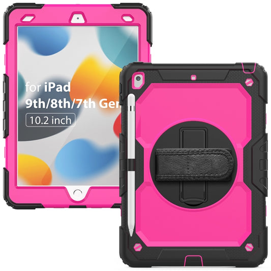 For iPad 10.2 2021 / 2020 / 2019 Shockproof Silicone + PC Protective Case with Holder & Shoulder Strap & Pen Slot(Black + Rose Red) - iPad 10.2 Cases by buy2fix | Online Shopping UK | buy2fix