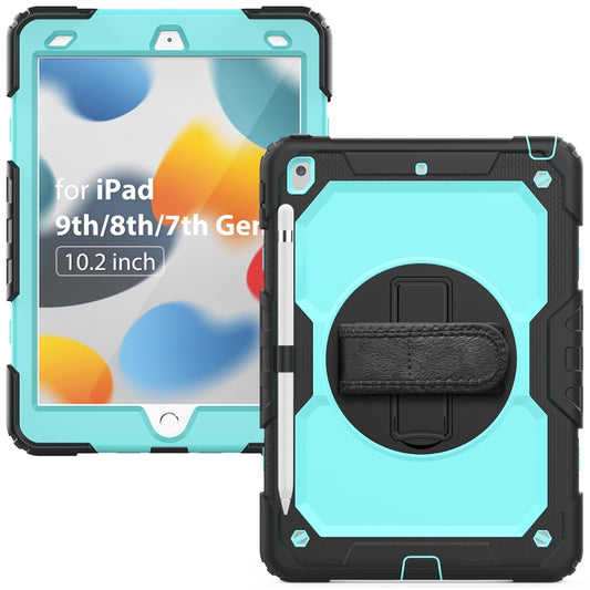 For iPad 10.2 2021 / 2020 / 2019 Shockproof Silicone + PC Protective Case with Holder & Shoulder Strap & Pen Slot(Black + Light Blue) - iPad 10.2 Cases by buy2fix | Online Shopping UK | buy2fix