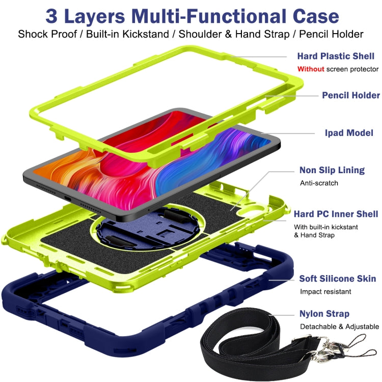 For iPad mini 2024 / mini 6 360 Degree Rotation Contrast Color Shockproof Silicone + PC Tablet Case with Holder & Hand Grip Strap & Shoulder Strap(Navy Blue+Yellow Green) - iPad mini 6 Cases by buy2fix | Online Shopping UK | buy2fix