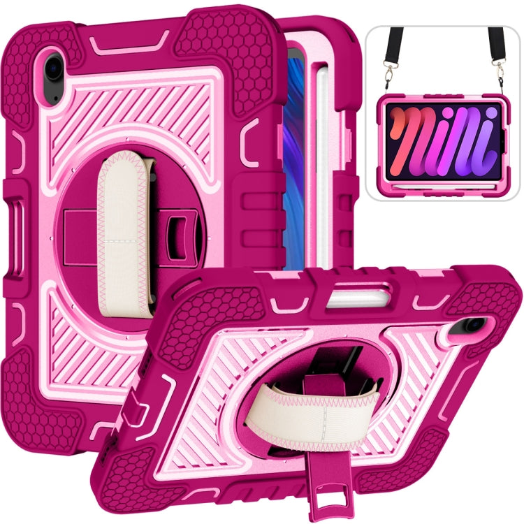 For iPad mini 2024 / mini 6 360 Degree Rotation Contrast Color Shockproof Silicone + PC Tablet Case with Holder & Hand Grip Strap & Shoulder Strap(Rose Red+Pink) - iPad mini 6 Cases by buy2fix | Online Shopping UK | buy2fix