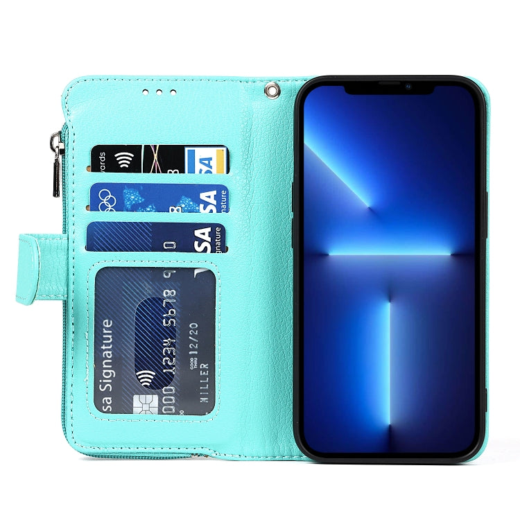 For iPhone 13 Pro Max Microfiber Zipper Horizontal Flip Leather Case with Holder & Card Slots & Wallet (Mint Green) - iPhone 13 Pro Max Cases by buy2fix | Online Shopping UK | buy2fix