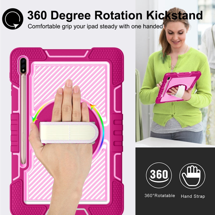 For Samsung Galaxy Tab S7 FE T730 / T735 / Tab S7+ T970 / T975 360 Degree Rotation Contrast Color Shockproof Silicone + PC Case with Holder & Hand Grip Strap & Shoulder Strap(Rose Red+Pink) by buy2fix