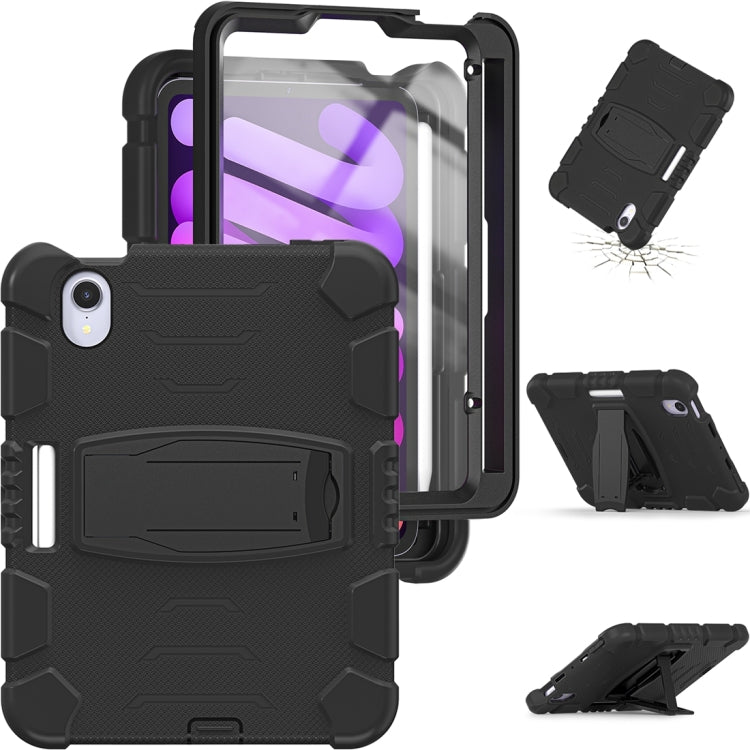 For iPad mini 6 / mini 2024 Tri-Layer Protection Screen Frame Heavy Duty PC Hybrid Silicone Case with Holder(Black+Black) - iPad mini 2024 Cases by buy2fix | Online Shopping UK | buy2fix