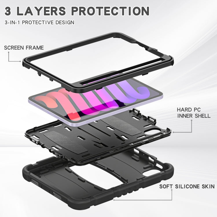 For iPad mini 6 / mini 2024 Tri-Layer Protection Screen Frame Heavy Duty PC Hybrid Silicone Case with Holder(Black+Black) - iPad mini 2024 Cases by buy2fix | Online Shopping UK | buy2fix