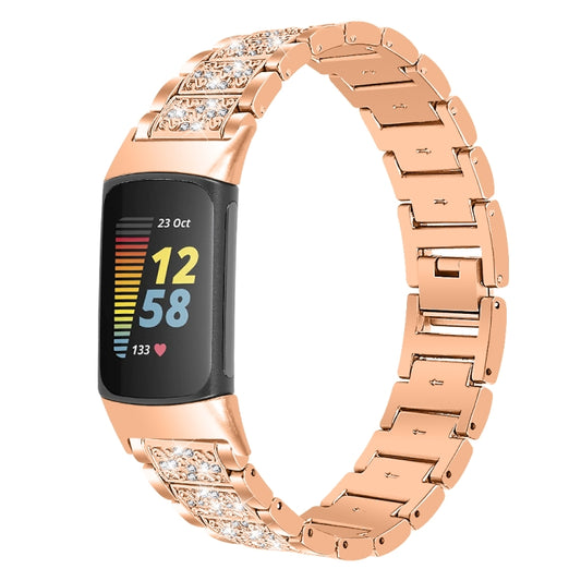 For Fitbit Charge 5 Diamond Stainless Steel Watch Band(Rose Gold) by buy2fix