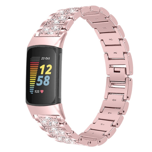 For Fitbit Charge 5 Diamond Stainless Steel Watch Band(Rose Pink) by buy2fix