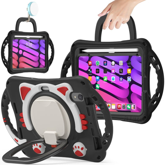 For iPad mini 6 / mini 2024 Cute Cat King Kids Shockproof Silicone Tablet Case with Holder & Shoulder Strap & Handle(Black Red) - iPad mini 6 Cases by buy2fix | Online Shopping UK | buy2fix