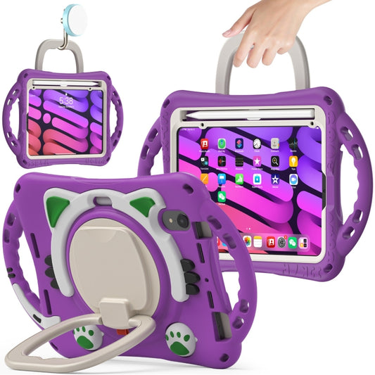 For iPad mini 6 / mini 2024 Cute Cat King Kids Shockproof Silicone Tablet Case with Holder & Shoulder Strap & Handle(Purple) - iPad mini 6 Cases by buy2fix | Online Shopping UK | buy2fix