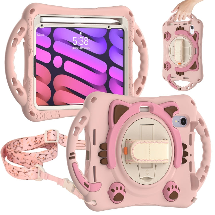 For iPad mini 6 / mini 2024 Cute Cat King Kids Shockproof Silicone Tablet Case with Holder & Shoulder Strap & Handle(Pink) - iPad mini 2024 Cases by buy2fix | Online Shopping UK | buy2fix