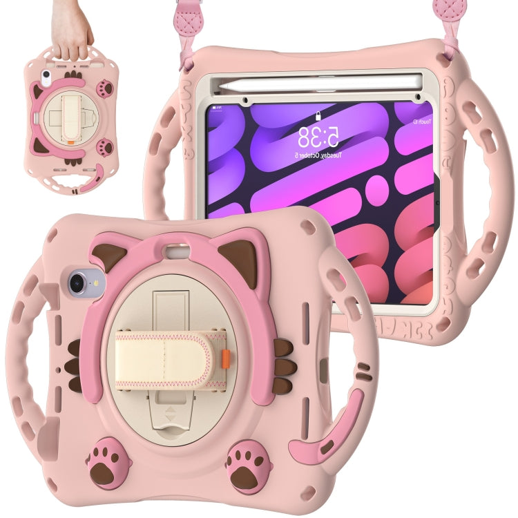 For iPad mini 6 / mini 2024 Cute Cat King Kids Shockproof Silicone Tablet Case with Holder & Shoulder Strap & Handle(Pink) - iPad mini 2024 Cases by buy2fix | Online Shopping UK | buy2fix