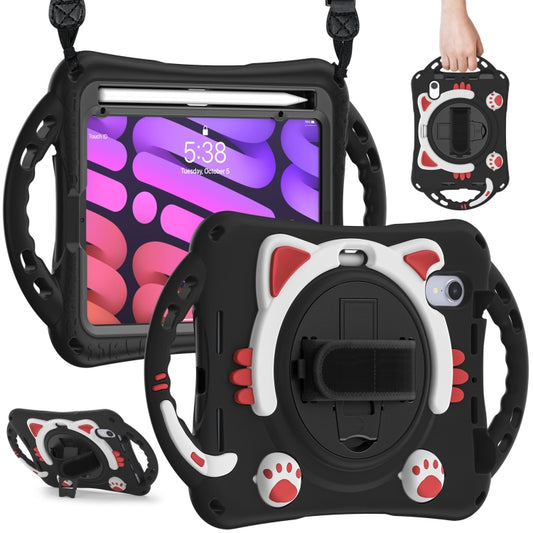 For iPad mini 6 / mini 2024 Cute Cat King Kids Shockproof Silicone Tablet Case with Holder & Shoulder Strap & Handle(Black Red) - iPad mini 2024 Cases by buy2fix | Online Shopping UK | buy2fix