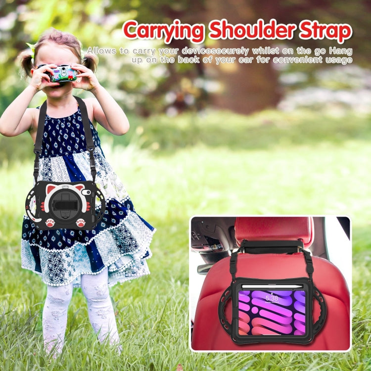 For iPad mini 6 / mini 2024 Cute Cat King Kids Shockproof Silicone Tablet Case with Holder & Shoulder Strap & Handle(Black Red) - iPad mini 2024 Cases by buy2fix | Online Shopping UK | buy2fix