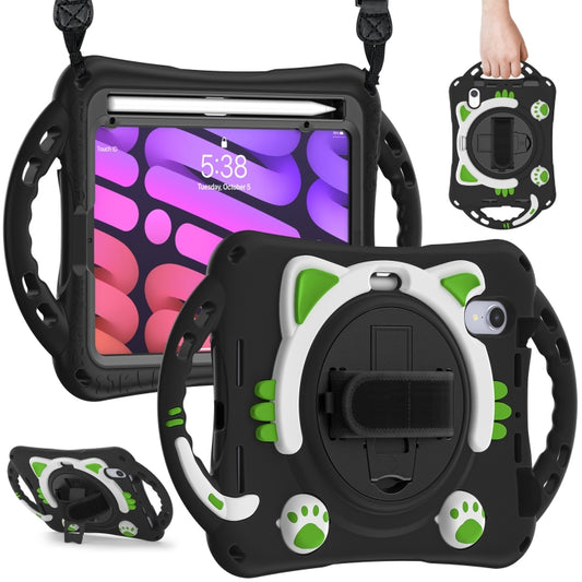 For iPad mini 6 / mini 2024 Cute Cat King Kids Shockproof Silicone Tablet Case with Holder & Shoulder Strap & Handle(Black Green) - iPad mini 2024 Cases by buy2fix | Online Shopping UK | buy2fix