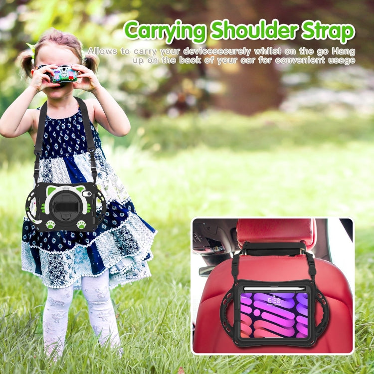 For iPad mini 6 / mini 2024 Cute Cat King Kids Shockproof Silicone Tablet Case with Holder & Shoulder Strap & Handle(Black Green) - iPad mini 2024 Cases by buy2fix | Online Shopping UK | buy2fix