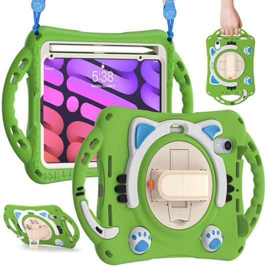 For iPad mini 6 / mini 2024 Cute Cat King Kids Shockproof Silicone Tablet Case with Holder & Shoulder Strap & Handle(Green) - iPad mini 2024 Cases by buy2fix | Online Shopping UK | buy2fix
