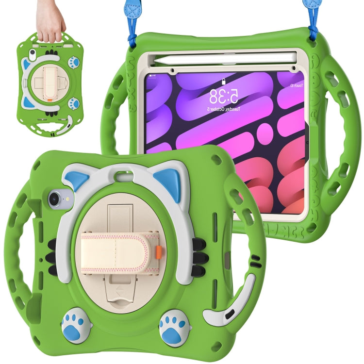 For iPad mini 6 / mini 2024 Cute Cat King Kids Shockproof Silicone Tablet Case with Holder & Shoulder Strap & Handle(Green) - iPad mini 2024 Cases by buy2fix | Online Shopping UK | buy2fix