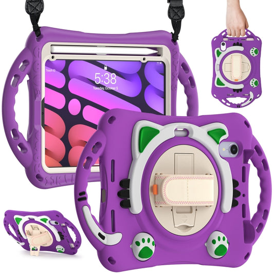For iPad mini 6 / mini 2024 Cute Cat King Kids Shockproof Silicone Tablet Case with Holder & Shoulder Strap & Handle(Purple) - iPad mini 2024 Cases by buy2fix | Online Shopping UK | buy2fix