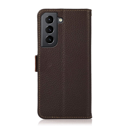 For Samsung Galaxy S21 5G KHAZNEH Side-Magnetic Litchi Genuine Leather RFID Phone Case(Brown) - Galaxy S21 5G Cases by buy2fix | Online Shopping UK | buy2fix