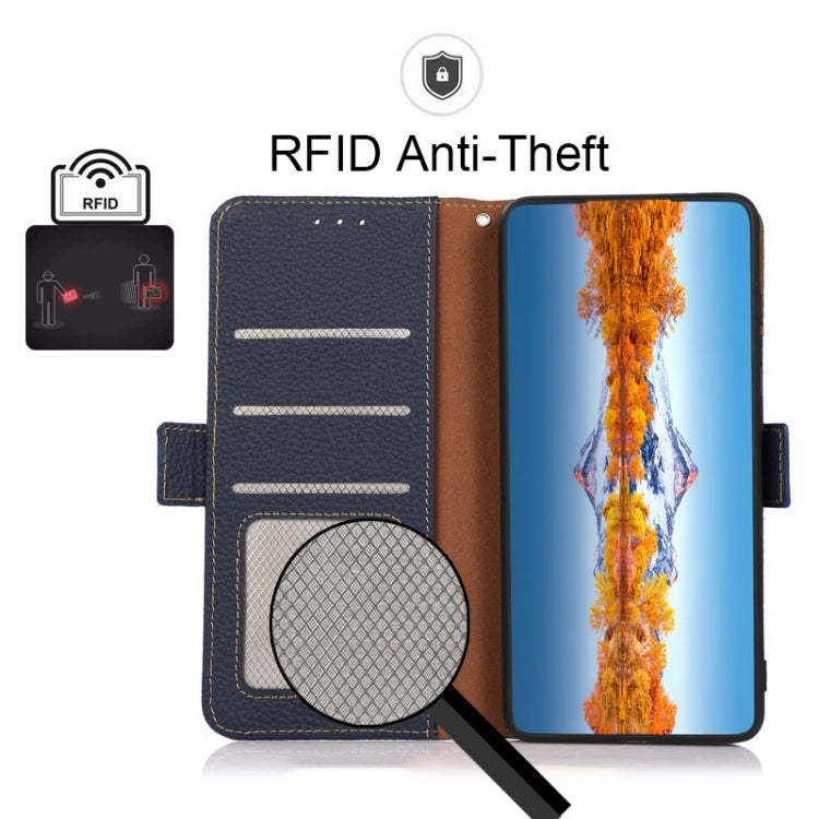 For Samsung Galaxy S22 5G KHAZNEH Side-Magnetic Litchi Genuine Leather RFID Phone Case(Blue) - Galaxy S22 5G Cases by buy2fix | Online Shopping UK | buy2fix