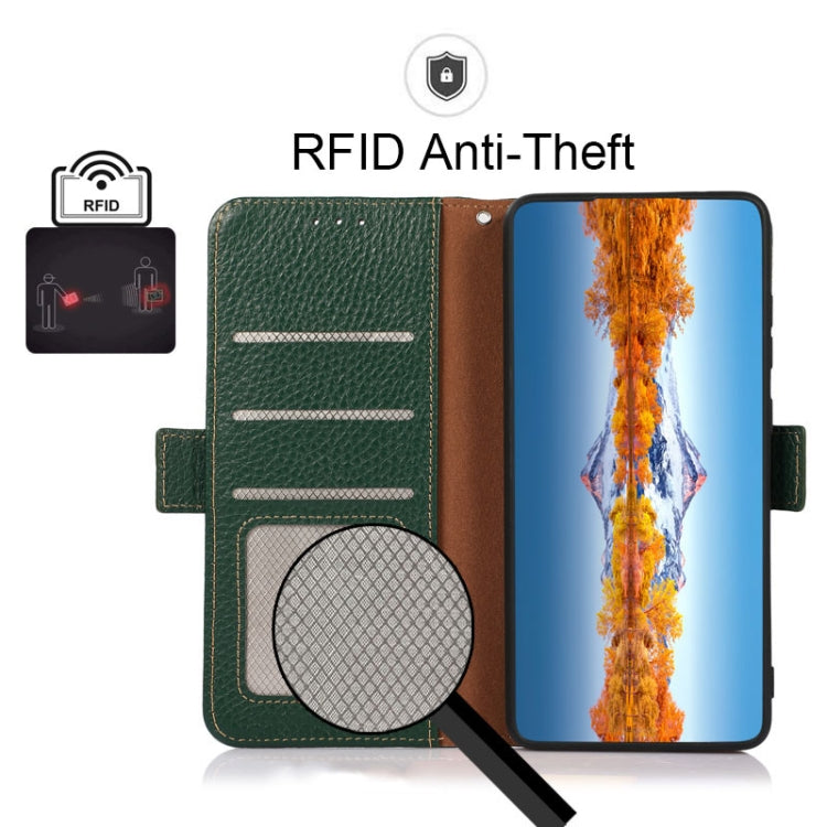 For Samsung Galaxy S22 5G KHAZNEH Side-Magnetic Litchi Genuine Leather RFID Phone Case(Green) - Galaxy S22 5G Cases by buy2fix | Online Shopping UK | buy2fix