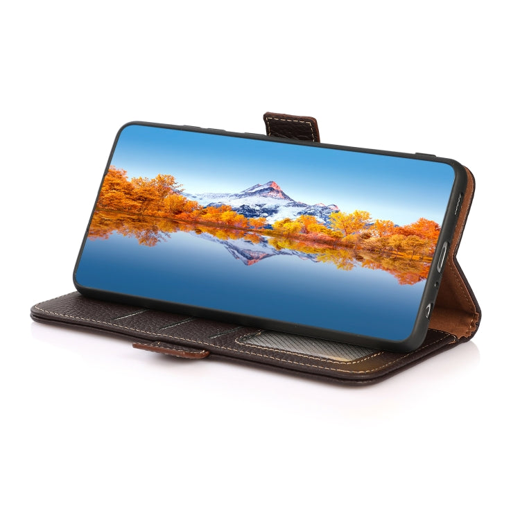 For Samsung Galaxy S22 5G KHAZNEH Side-Magnetic Litchi Genuine Leather RFID Phone Case(Brown) - Galaxy S22 5G Cases by buy2fix | Online Shopping UK | buy2fix