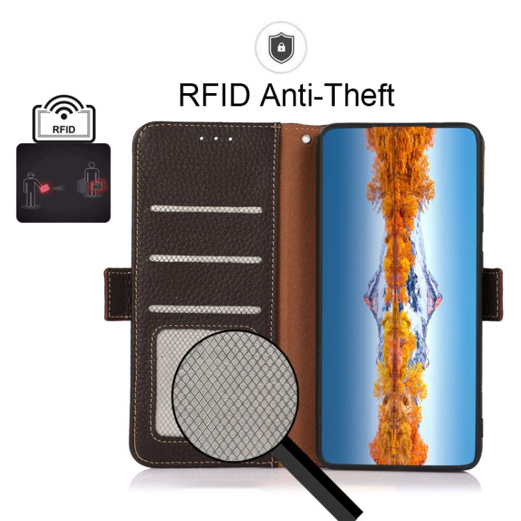 For Samsung Galaxy S22 5G KHAZNEH Side-Magnetic Litchi Genuine Leather RFID Phone Case(Brown) - Galaxy S22 5G Cases by buy2fix | Online Shopping UK | buy2fix