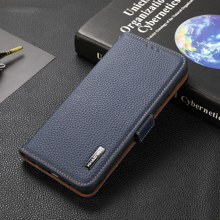 For iPhone 12 Pro Max KHAZNEH Side-Magnetic Litchi Genuine Leather RFID Case(Blue) - iPhone 12 Pro Max Cases by buy2fix | Online Shopping UK | buy2fix