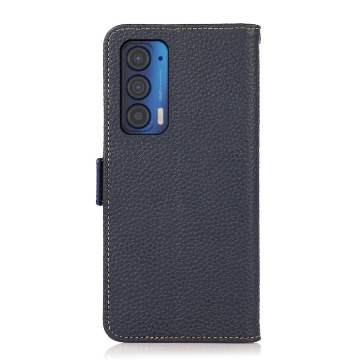 For Motorola Edge 2021 KHAZNEH Side-Magnetic Litchi Genuine Leather RFID Case(Blue) - Motorola Cases by buy2fix | Online Shopping UK | buy2fix