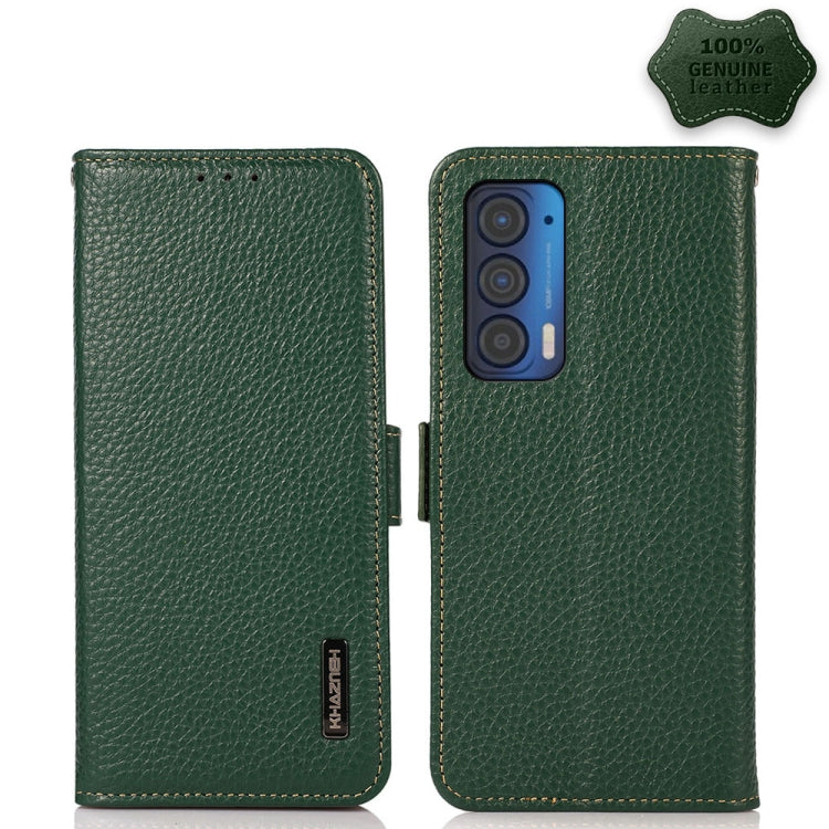 For Motorola Edge 2021 KHAZNEH Side-Magnetic Litchi Genuine Leather RFID Case(Green) - Motorola Cases by buy2fix | Online Shopping UK | buy2fix