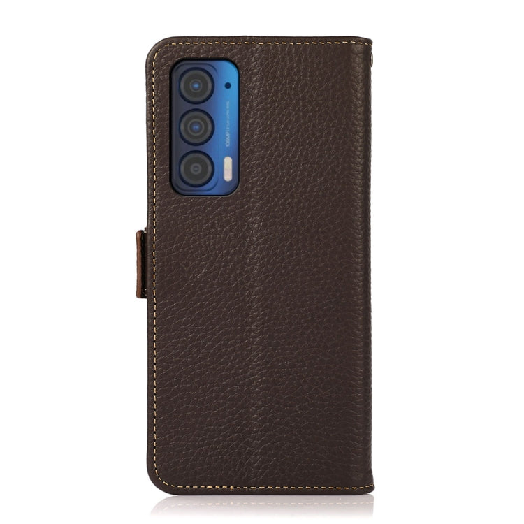 For Motorola Edge 2021 KHAZNEH Side-Magnetic Litchi Genuine Leather RFID Case(Brown) - Motorola Cases by buy2fix | Online Shopping UK | buy2fix