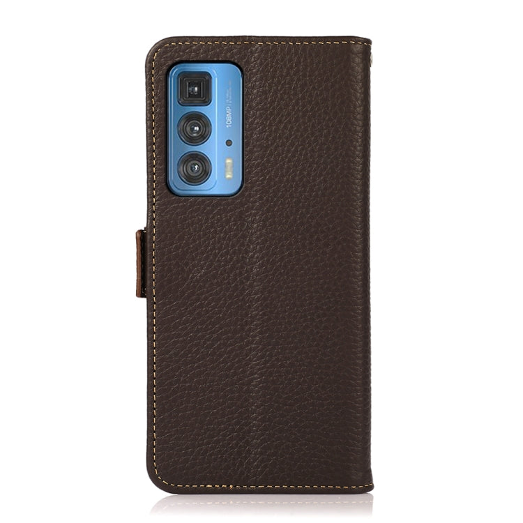 For Motorola Edge 20 Pro KHAZNEH Side-Magnetic Litchi Genuine Leather RFID Case(Brown) - Motorola Cases by buy2fix | Online Shopping UK | buy2fix