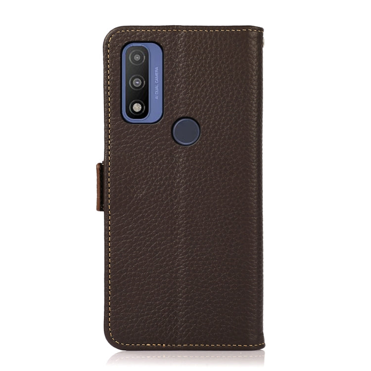 For Motorola G Pure KHAZNEH Side-Magnetic Litchi Genuine Leather RFID Case(Brown) - Motorola Cases by buy2fix | Online Shopping UK | buy2fix