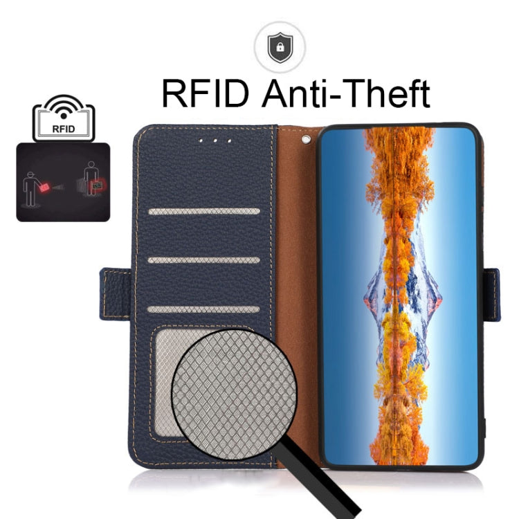 For OnePlus 10 Pro 5G KHAZNEH Side-Magnetic Litchi Genuine Leather RFID Phone Case(Blue) - OnePlus Cases by buy2fix | Online Shopping UK | buy2fix