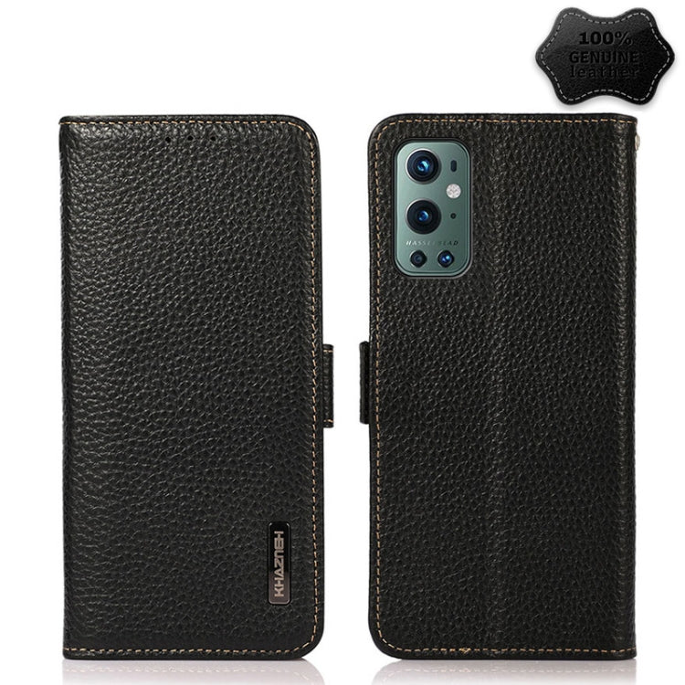 For OnePlus 9 Pro KHAZNEH Side-Magnetic Litchi Genuine Leather RFID Phone Case(Black) - OnePlus Cases by buy2fix | Online Shopping UK | buy2fix