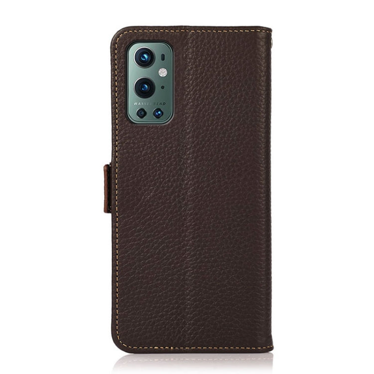 For OnePlus 9 Pro KHAZNEH Side-Magnetic Litchi Genuine Leather RFID Phone Case(Brown) - OnePlus Cases by buy2fix | Online Shopping UK | buy2fix