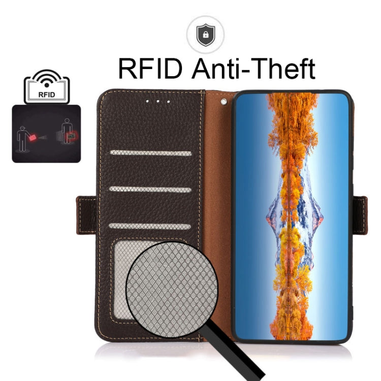 For OnePlus 9 Pro KHAZNEH Side-Magnetic Litchi Genuine Leather RFID Phone Case(Brown) - OnePlus Cases by buy2fix | Online Shopping UK | buy2fix