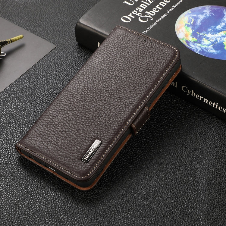 For OnePlus 9 Pro KHAZNEH Side-Magnetic Litchi Genuine Leather RFID Phone Case(Brown) - OnePlus Cases by buy2fix | Online Shopping UK | buy2fix