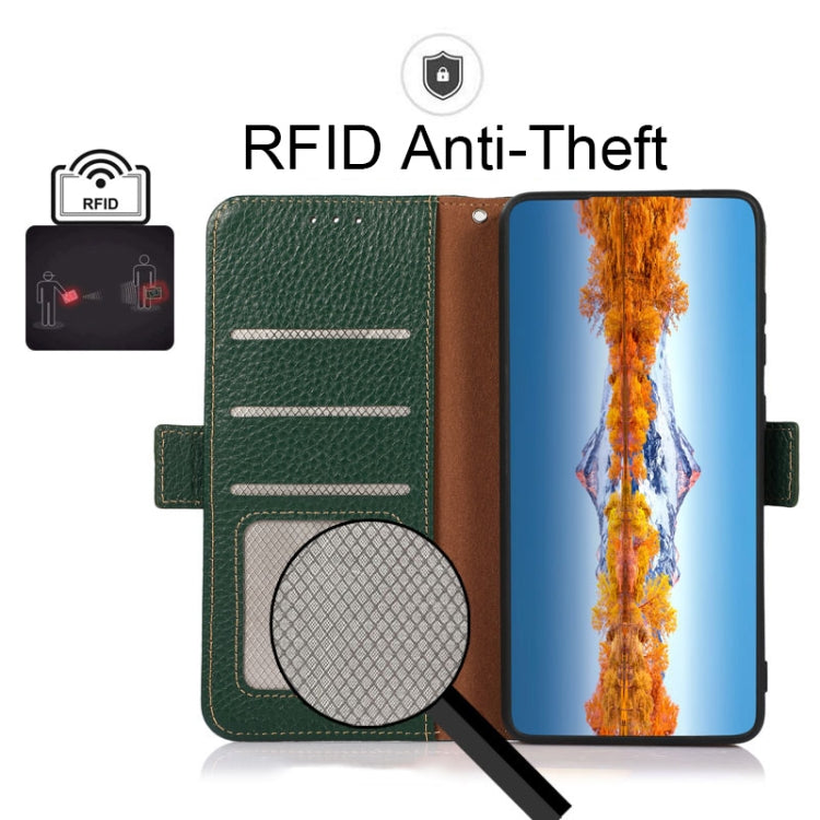 For OnePlus 9R KHAZNEH Side-Magnetic Litchi Genuine Leather RFID Phone Case(Green) - OnePlus Cases by buy2fix | Online Shopping UK | buy2fix