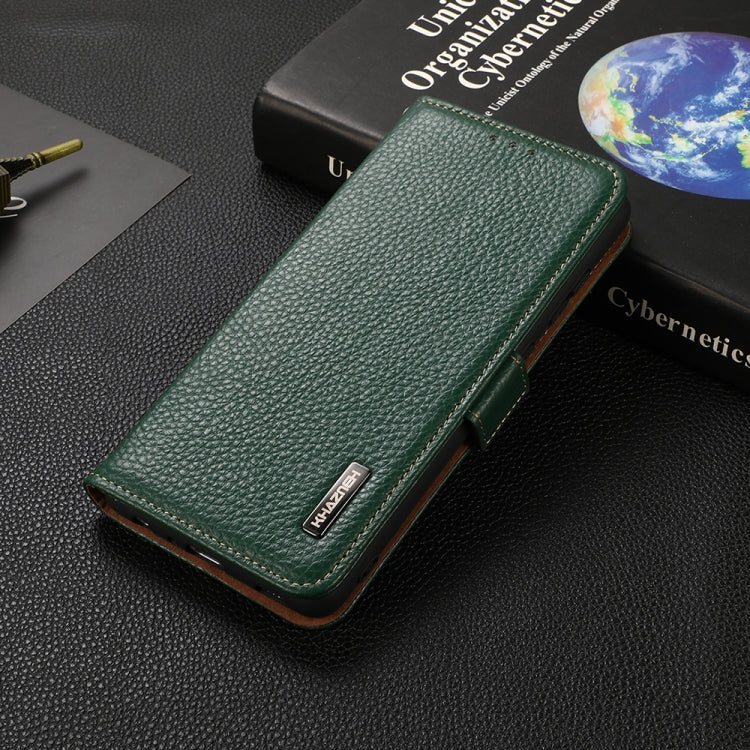 For OnePlus 9R KHAZNEH Side-Magnetic Litchi Genuine Leather RFID Phone Case(Green) - OnePlus Cases by buy2fix | Online Shopping UK | buy2fix