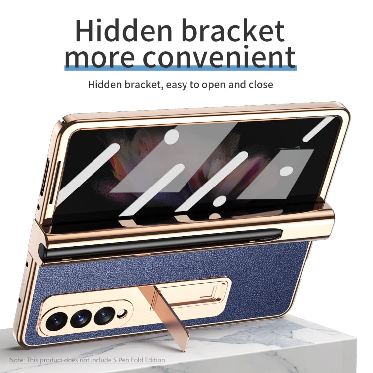 For Samsung Galaxy Z Fold3 5G Electroplated Hinge Pen Slot Lychee Phone Case(Blue) - Galaxy Phone Cases by buy2fix | Online Shopping UK | buy2fix