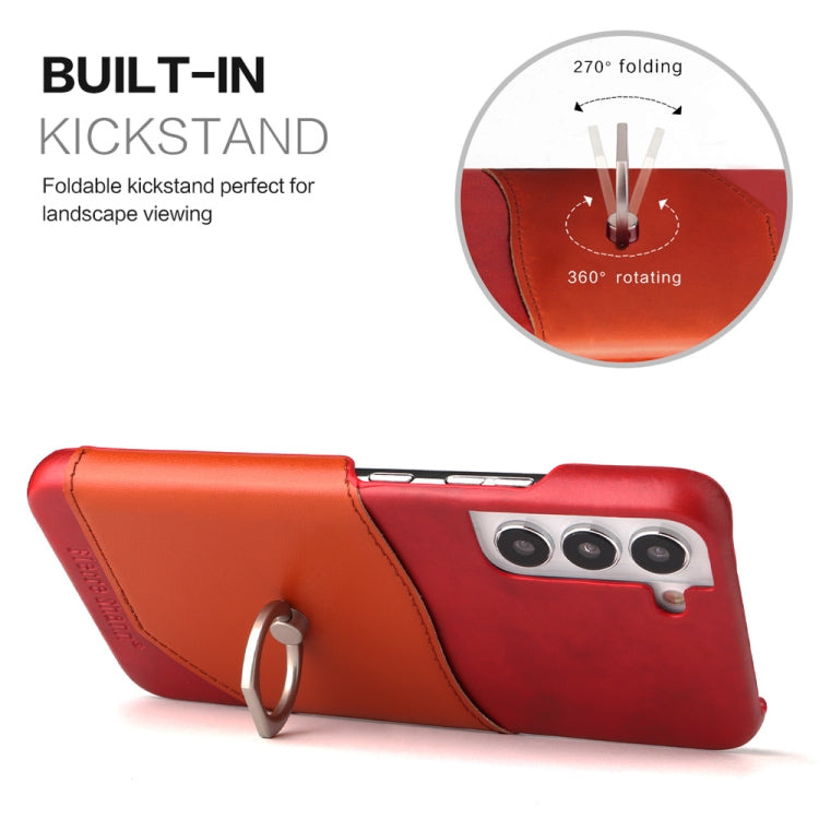 For Samsung Galaxy S22+ 5G Fierre Shann Oil Wax Texture Genuine Leather Back Phone Case with 360 Degree Rotation Holder & Card Slot(Red) - Galaxy S22+ 5G Cases by FIERRE SHANN | Online Shopping UK | buy2fix