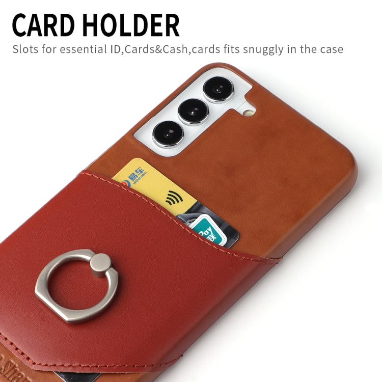 For Samsung Galaxy S22 5G Fierre Shann Oil Wax Texture Genuine Leather Back Phone Case with 360 Degree Rotation Holder & Card Slot(Brown) - Galaxy S22 5G Cases by FIERRE SHANN | Online Shopping UK | buy2fix