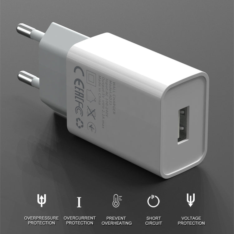 IVON AD-33 2 in 1 2.1A Single USB Port Travel Charger + 1m USB to Micro USB Data Cable Set, EU Plug(White) - USB Charger by IVON | Online Shopping UK | buy2fix