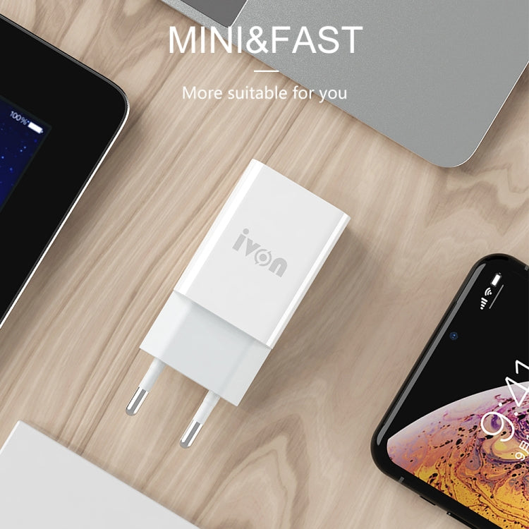 IVON AD-33 2 in 1 2.1A Single USB Port Travel Charger + 1m USB to USB-C / Type-C Data Cable Set, US Plug(White) by IVON