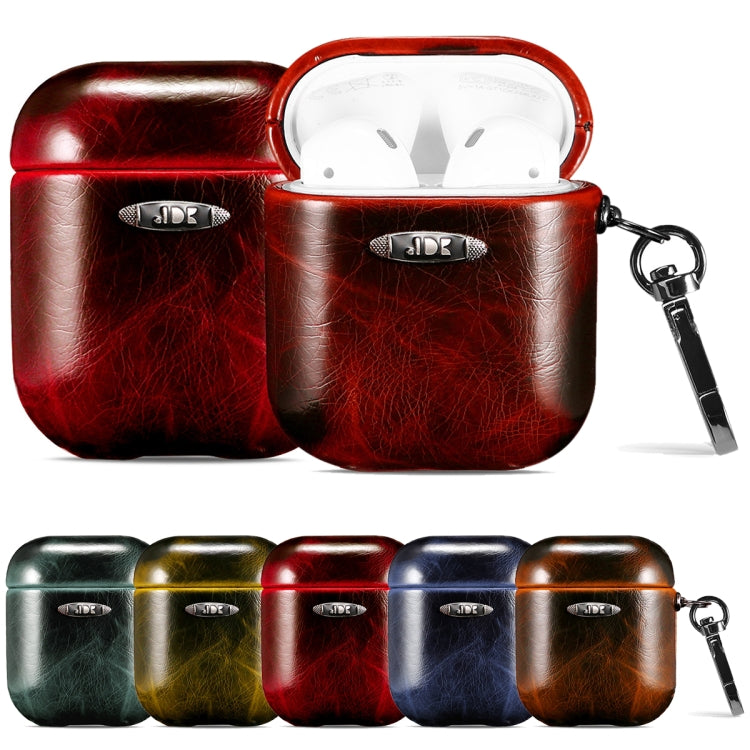 Oil Wax Leather Texture Earphone Protective Case with Hang Buckle For AirPods 1 / 2(Yellow) - For AirPods 1/2 by buy2fix | Online Shopping UK | buy2fix