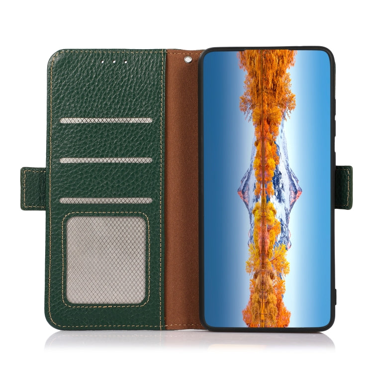 For OnePlus Nord CE 2 5G KHAZNEH Side-Magnetic Litchi Genuine Leather RFID Phone Case(Green) - OnePlus Cases by buy2fix | Online Shopping UK | buy2fix