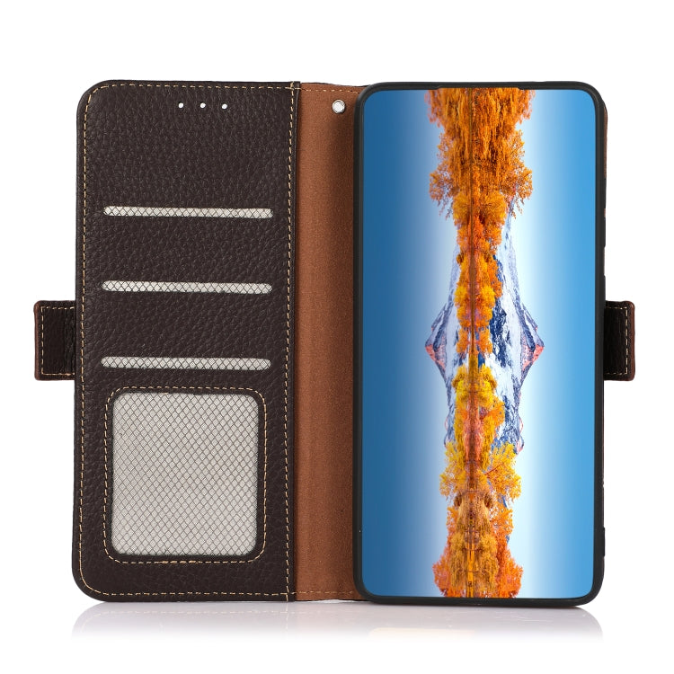 For OnePlus Nord CE 2 5G KHAZNEH Side-Magnetic Litchi Genuine Leather RFID Phone Case(Brown) - OnePlus Cases by buy2fix | Online Shopping UK | buy2fix