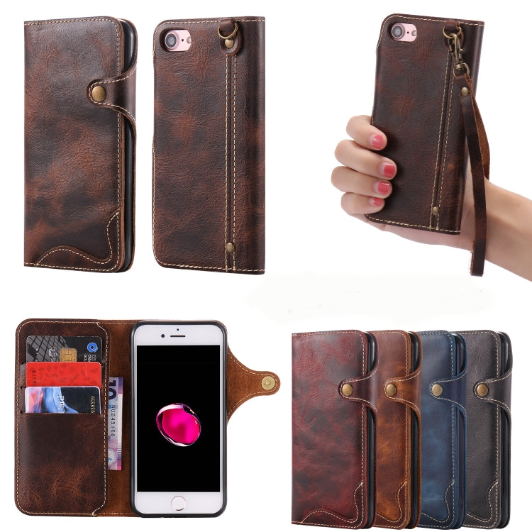 For iPhone 7 Plus / 8 Plus Denior Oil Wax Cowhide Magnetic Button Horizontal Flip Leather Case with Card Slots & Wallet(Dark Blue) - More iPhone Cases by Denior | Online Shopping UK | buy2fix
