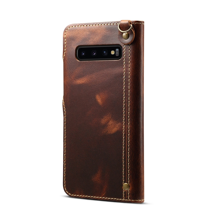 For Galaxy S10 Plus Denior Oil Wax Cowhide Magnetic Button Horizontal Flip Leather Case with Card Slots & Wallet(Brown) - Galaxy Phone Cases by Denior | Online Shopping UK | buy2fix